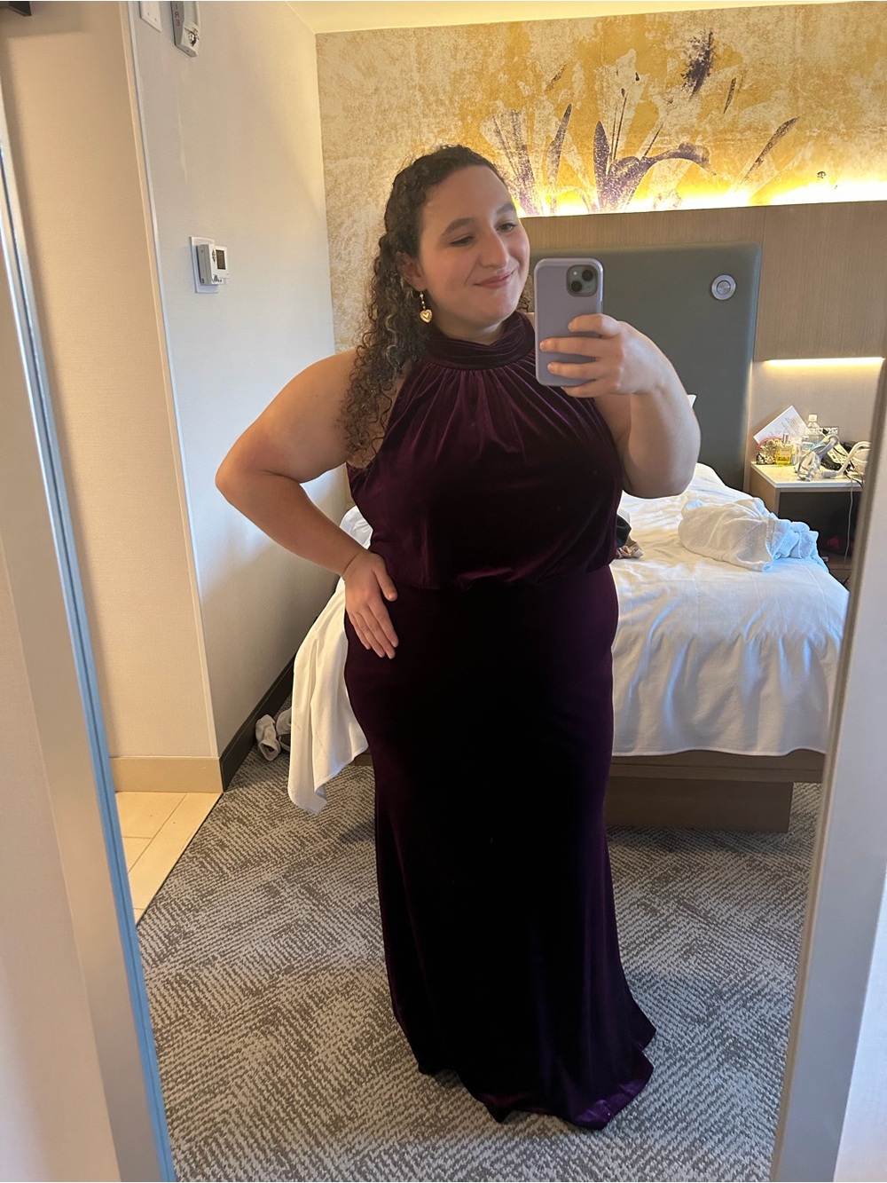 Eliza J Velvet Halter Evening Gown in Deep Plum